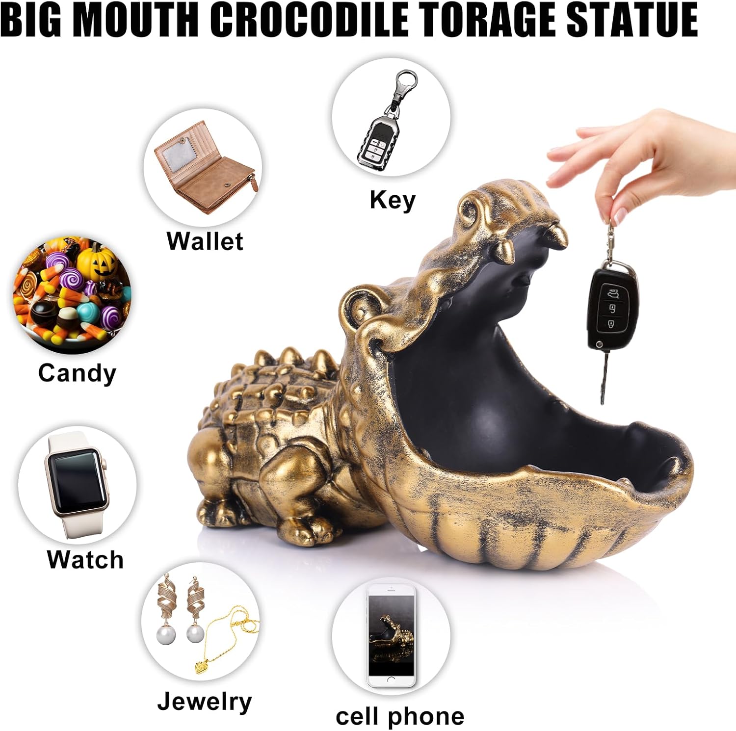 Gold Alligator Statue Candy Dish Storage Bowl