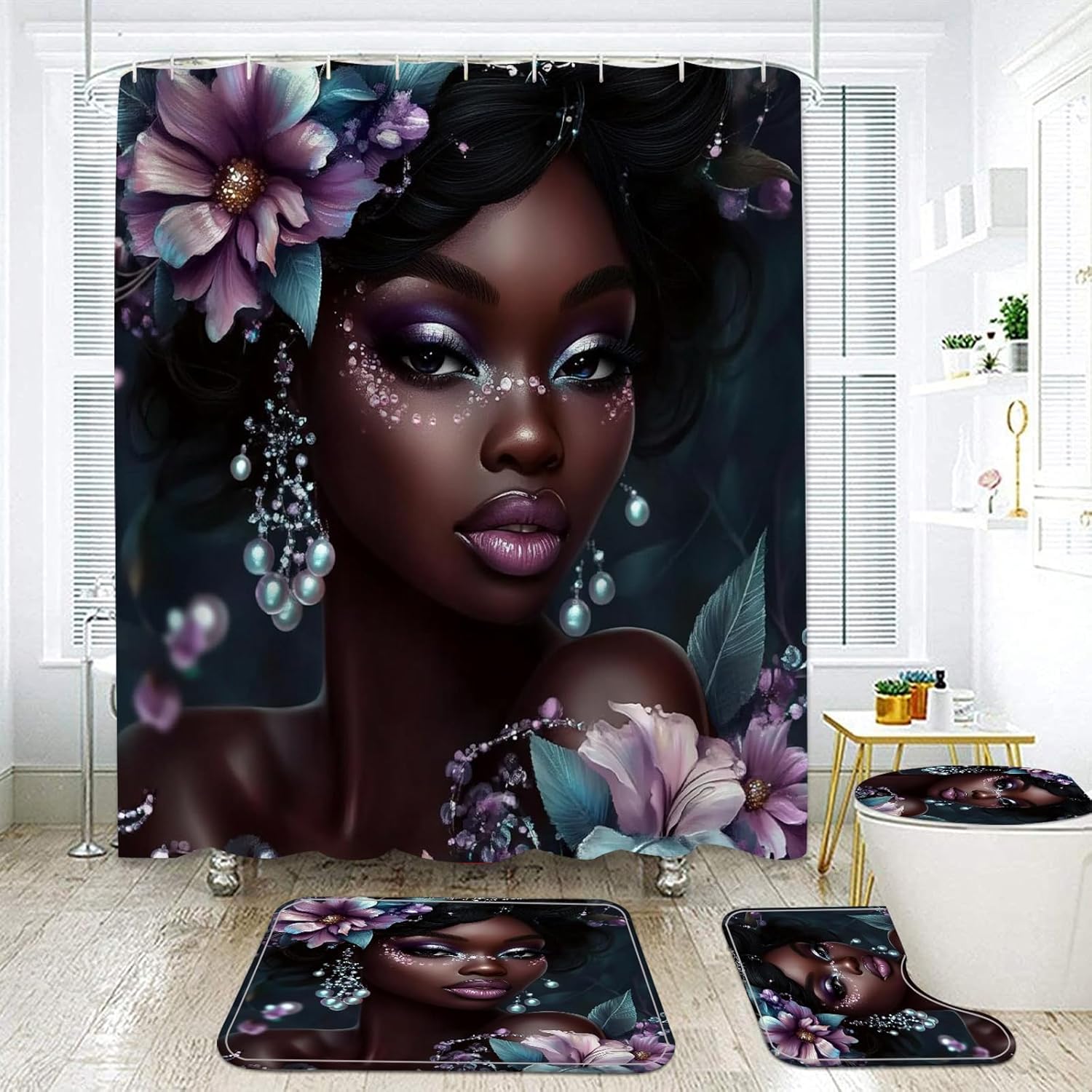 NEWSUYAA Black Girl Shower Curtain Set with Bath Rugs and Hooks