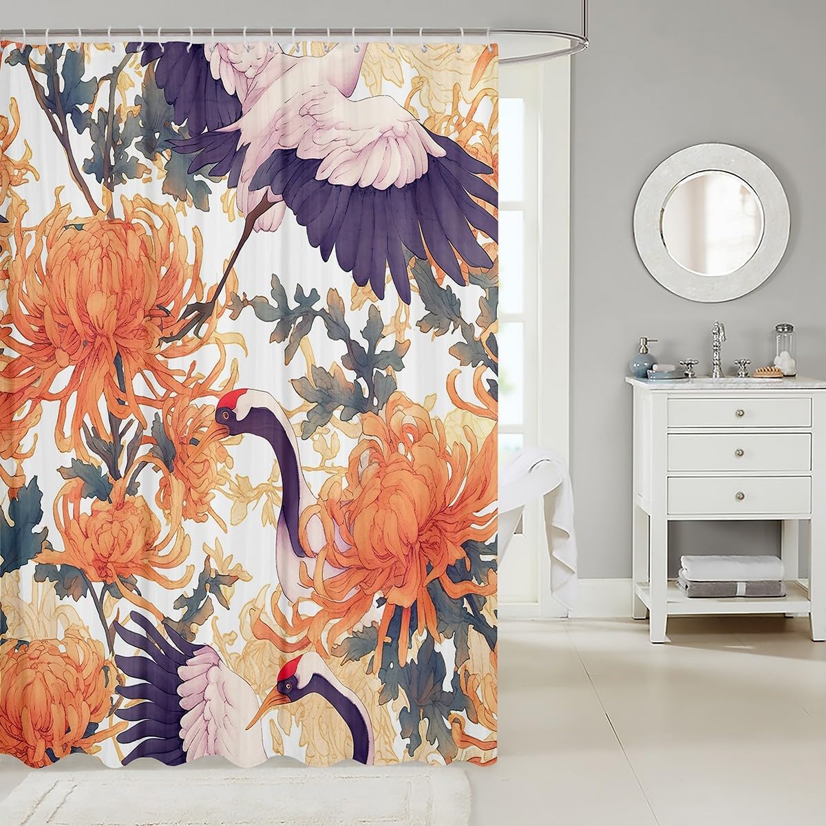 Feelyou Japanese-Style Shower Curtain Set 72x72 Kids Botanical Print