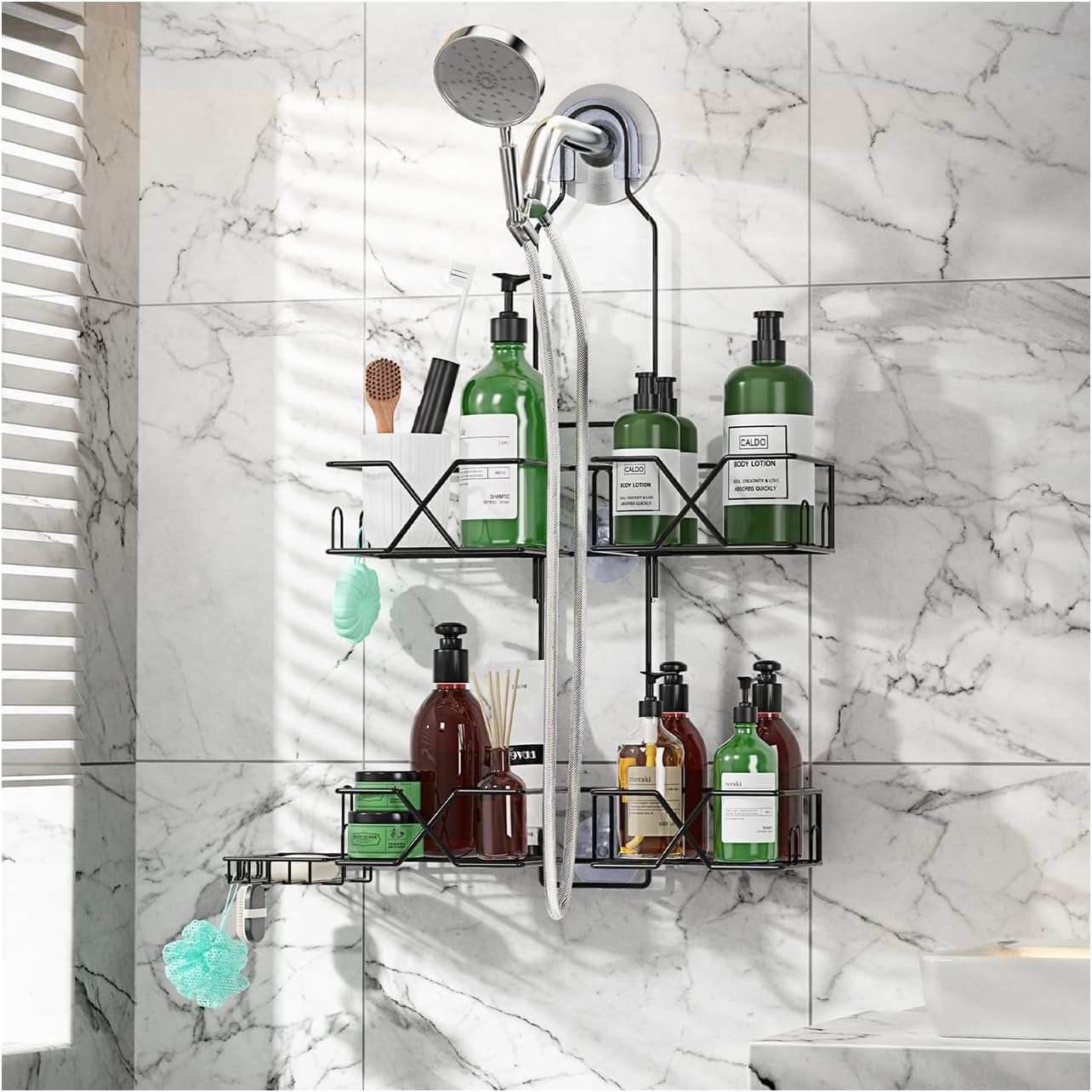Sewulidon Upgraded Hanging Shower Caddy with Hooks and Storage