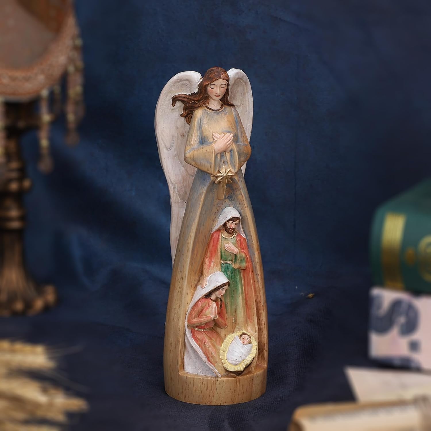 Hand-Carved Solid Wood Nativity Angel Statue