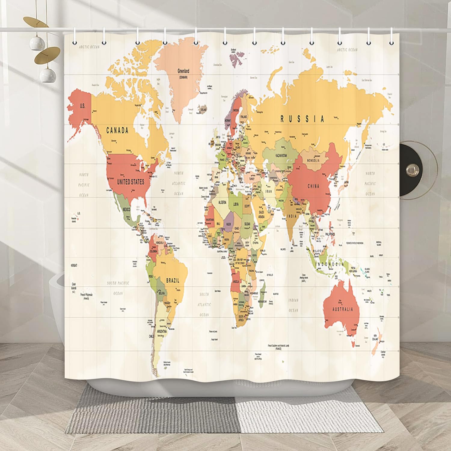 World Map Shower Curtain with Hooks 72x72IN 1