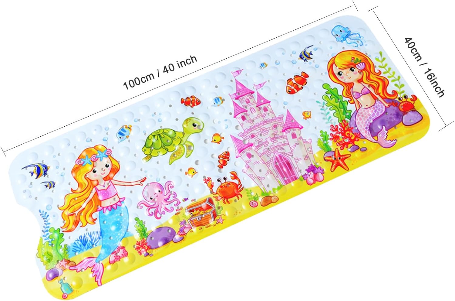Non-Slip Bath Mat with Suction Cups Mermaid Design 40x16 Inch