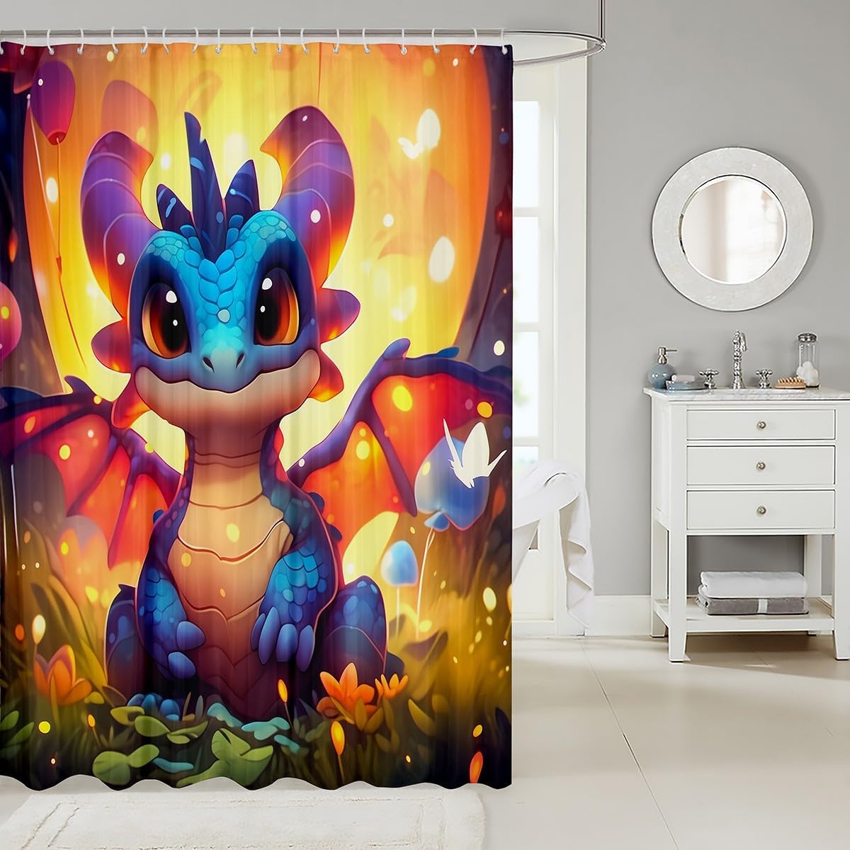 Erosebridal Kids Dragon Waterproof Shower Curtain Set 1