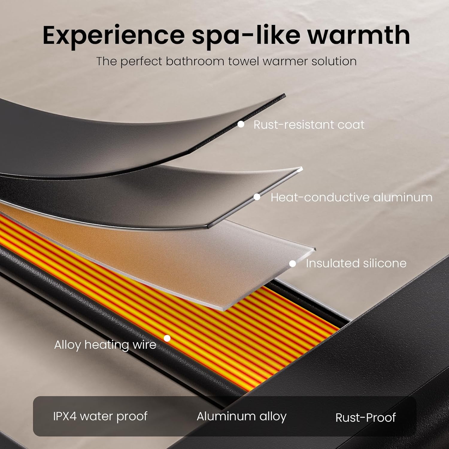 Zelngo Heated Towel Rack 8 Bars Fast Heating Constant Temp Waterproof Black