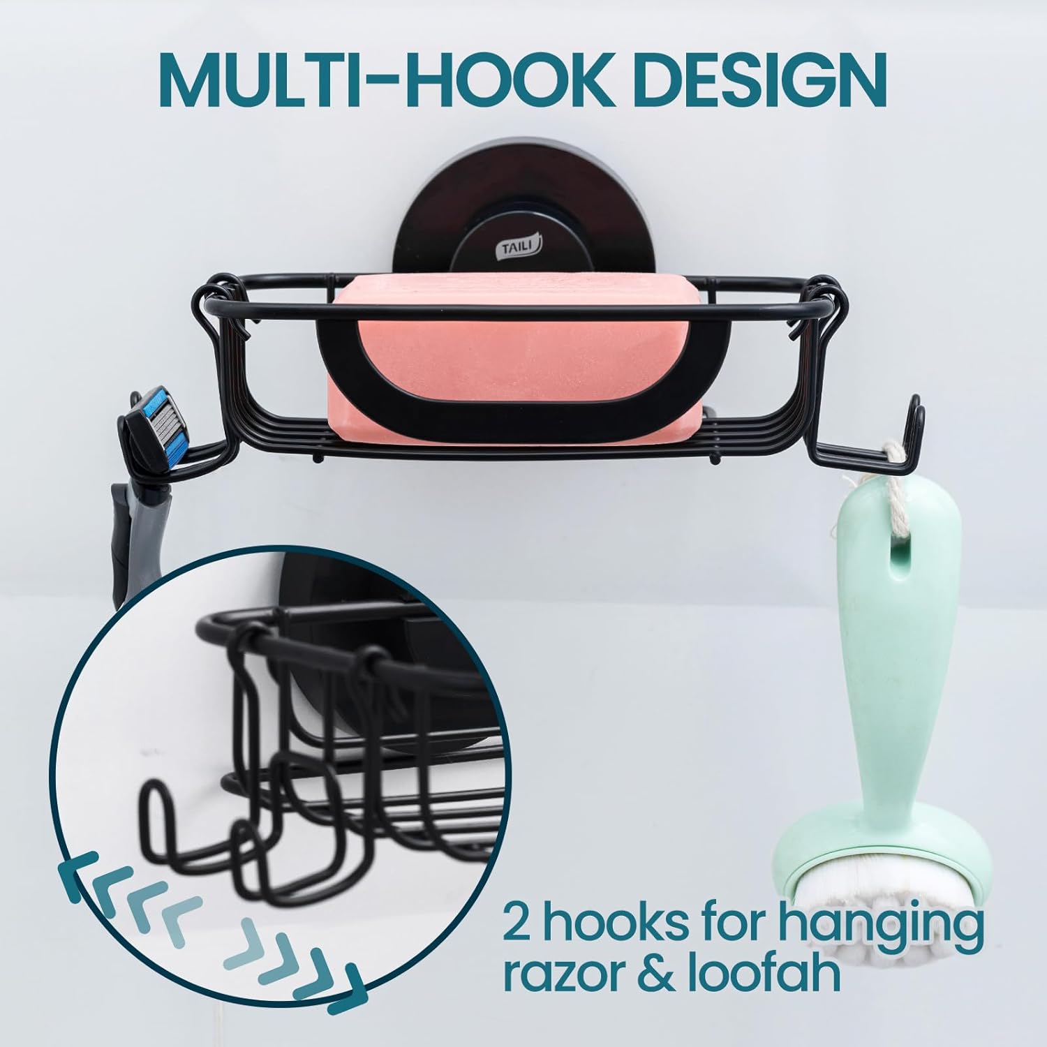 TAILI Soap Bar Holder with Hooks and Suction Cup Black 1