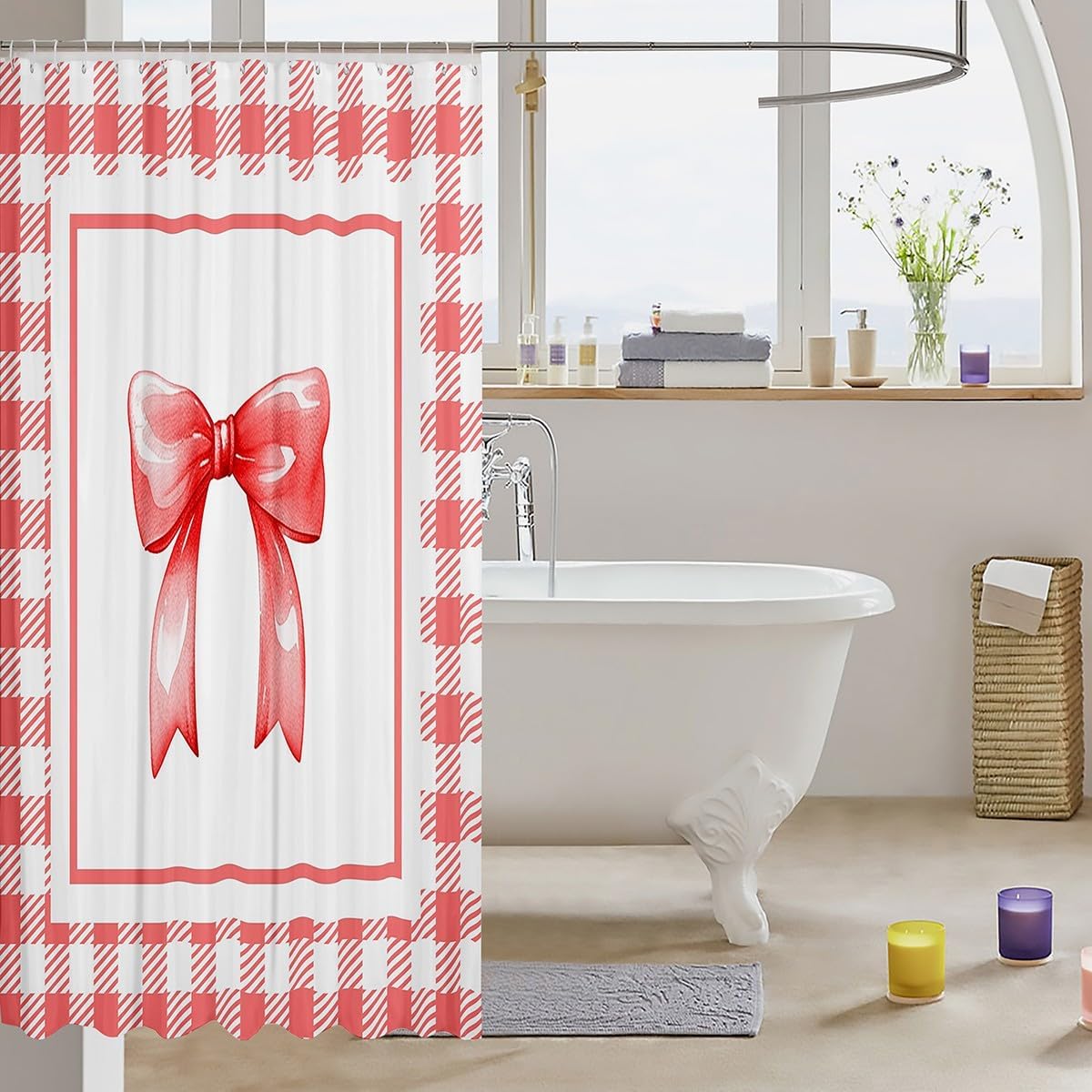 Feelyou Coquette Bows Shower Curtain Set Red White 72x72