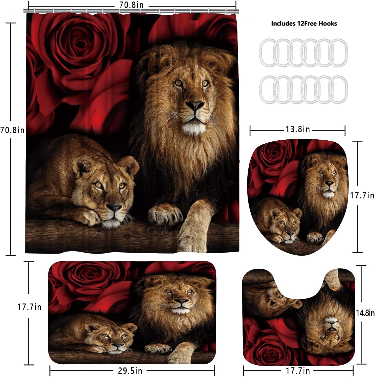Jieprom 4PCS Red Rose and Lion Bathroom Set with Rugs and Mat