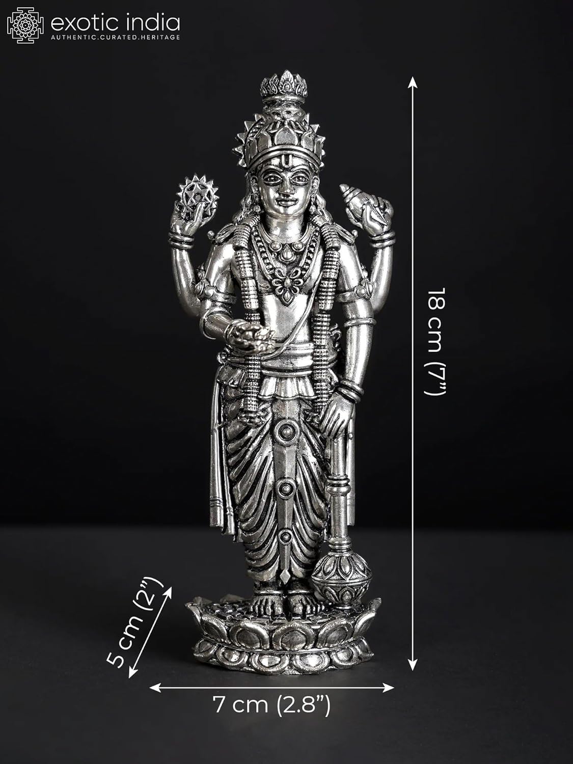Superfine Four-Armed Lord Vishnu Silver Plated Brass Statue