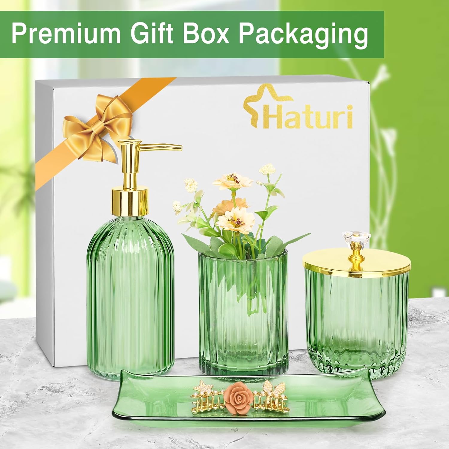 Haturi 4 Pc Green Glass Bathroom Accessories Set