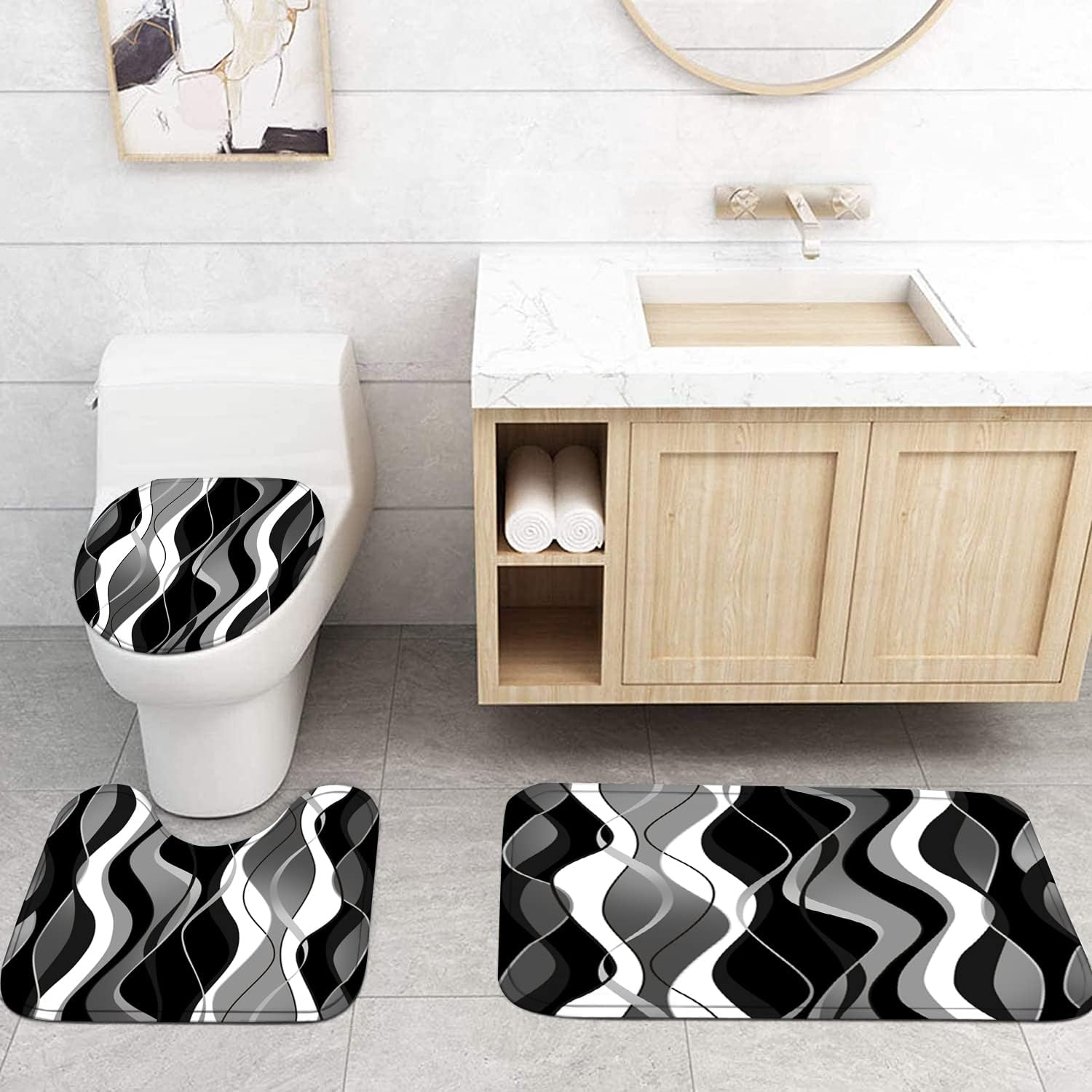 Nkzply 4 Pcs Black White Striped Bathroom Set