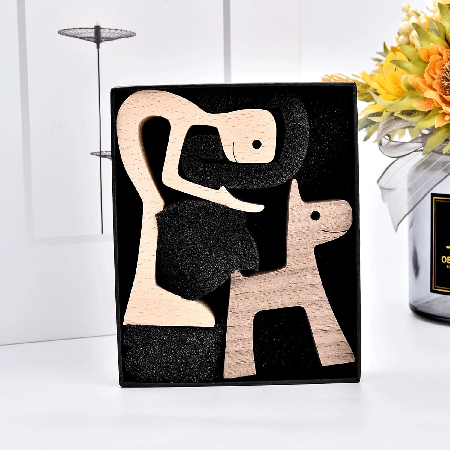 KINGNOW Accent Decor Men and Dog Wooden Statue