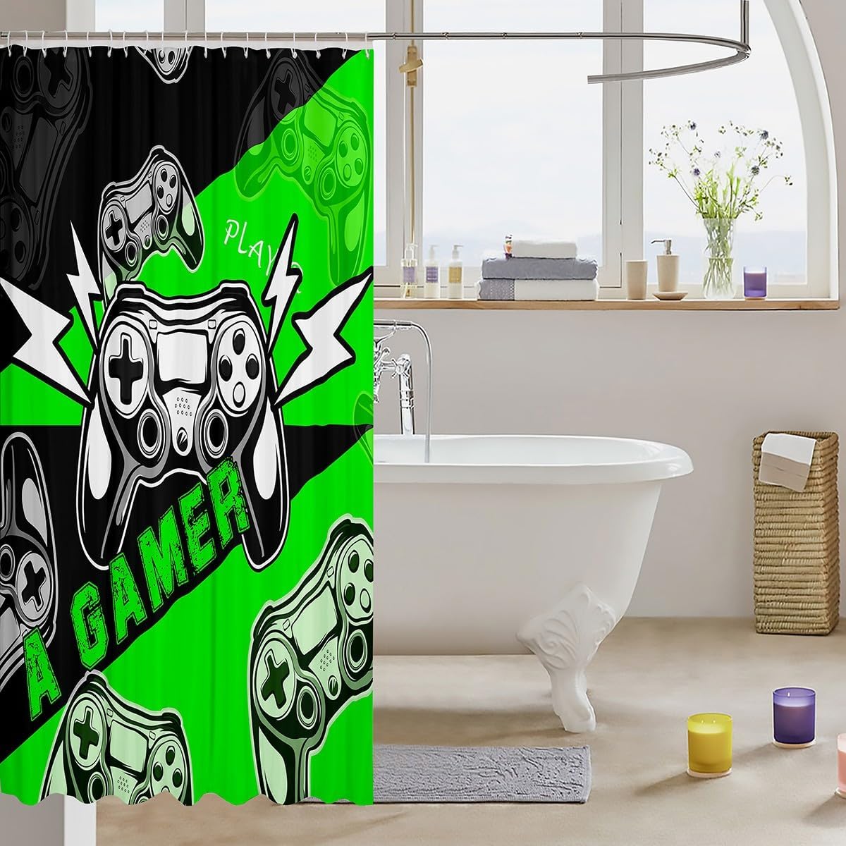 Erosebridal Gamer Shower Curtain Set 72x72 Black Green