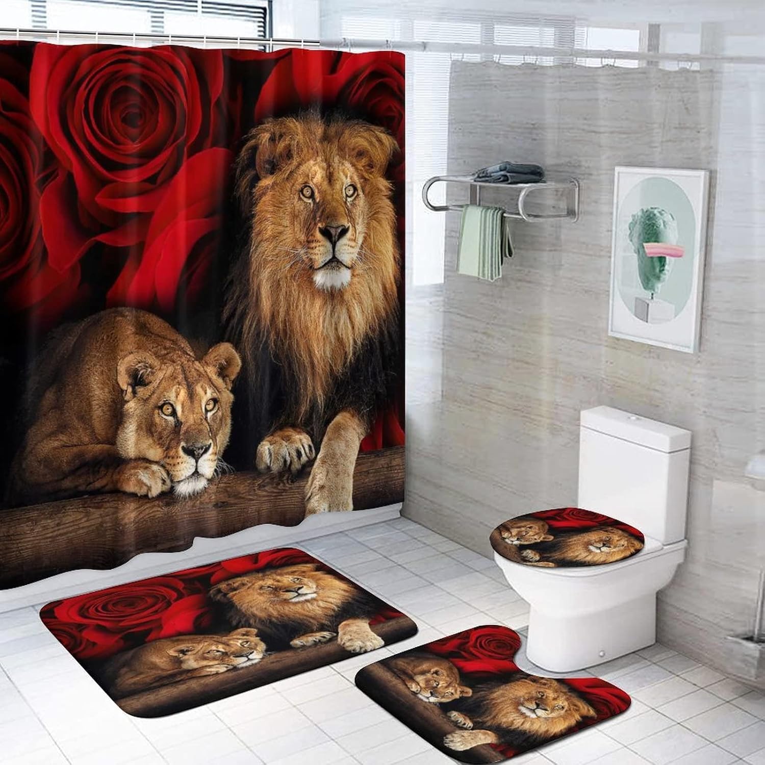 Jieprom 4PCS Red Rose and Lion Bathroom Set with Rugs and Mat