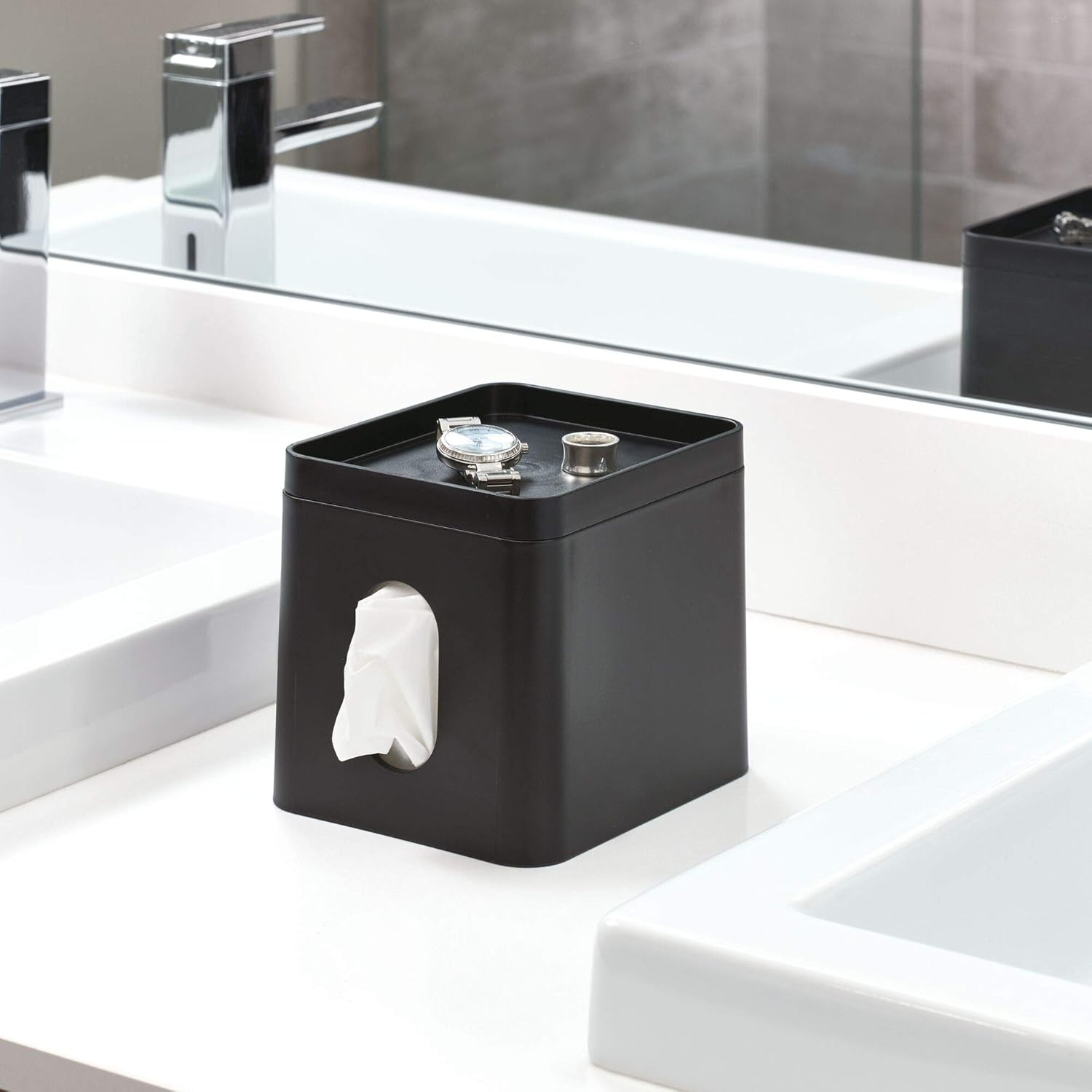 iDesign Facial Tissue Box Cover with Storage Tray Matte Black