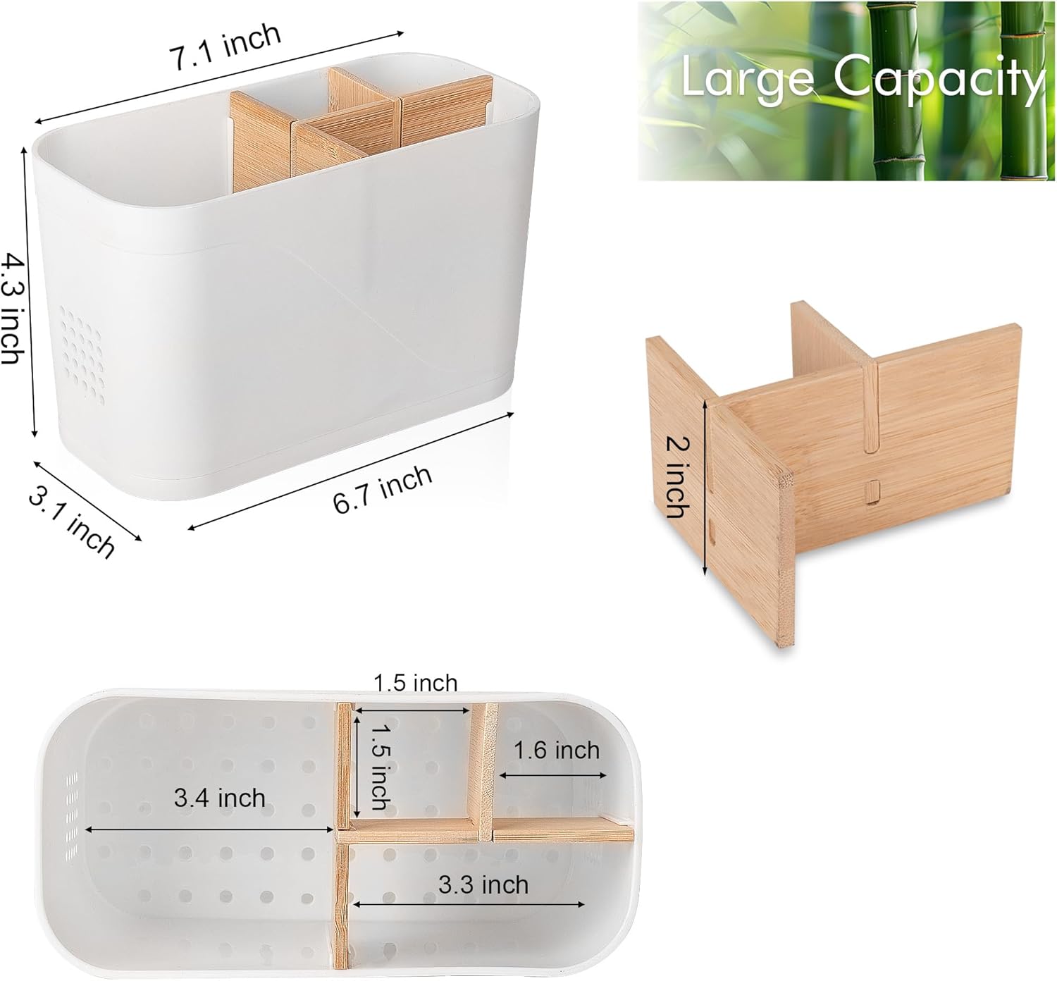 Heagoale Toothbrush Holder with Bamboo Dividers 4 Slots White