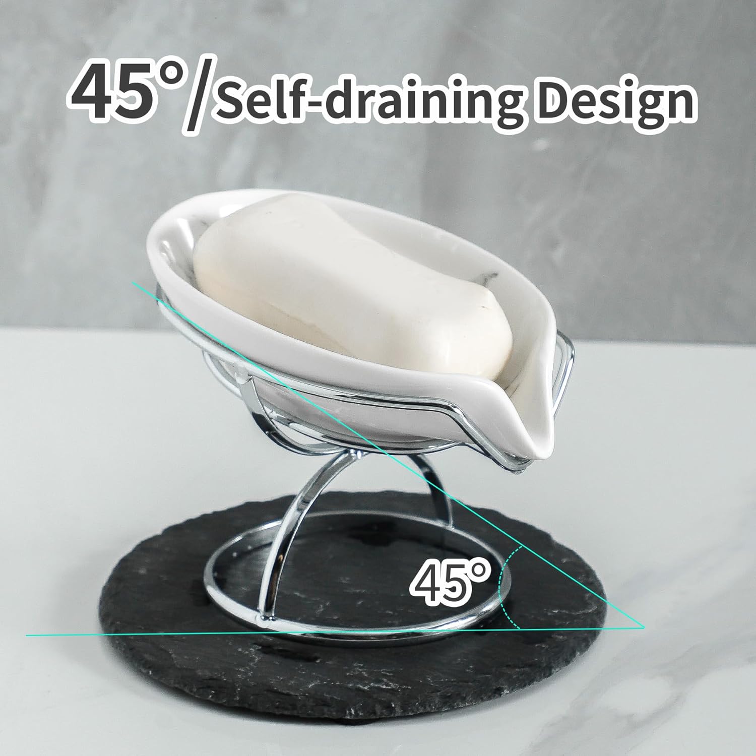 Leaf-Shaped Ceramic Soap Dish with Drain Stainless Steel Stand