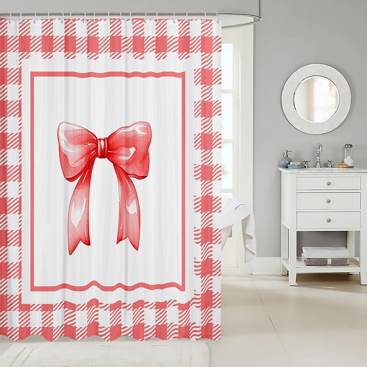 Feelyou Coquette Bows Shower Curtain Set Red White 72x72