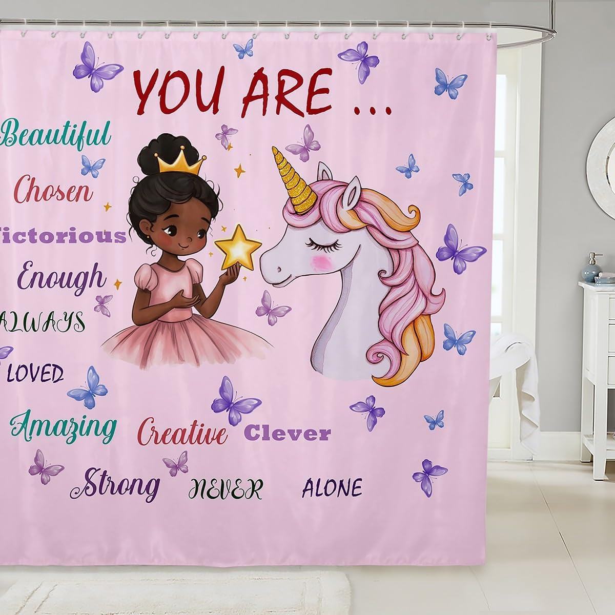 Erosebridal Black Girl Unicorn Shower Curtain Set
