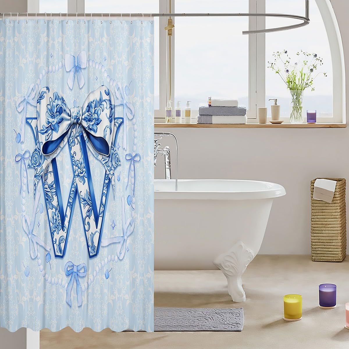 Erosebridal Blue Floral Bow Shower Curtain Set
