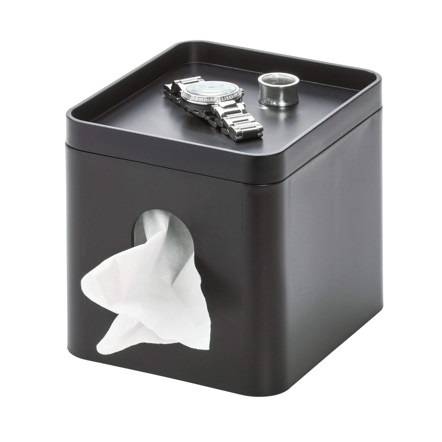 iDesign Facial Tissue Box Cover with Storage Tray Matte Black