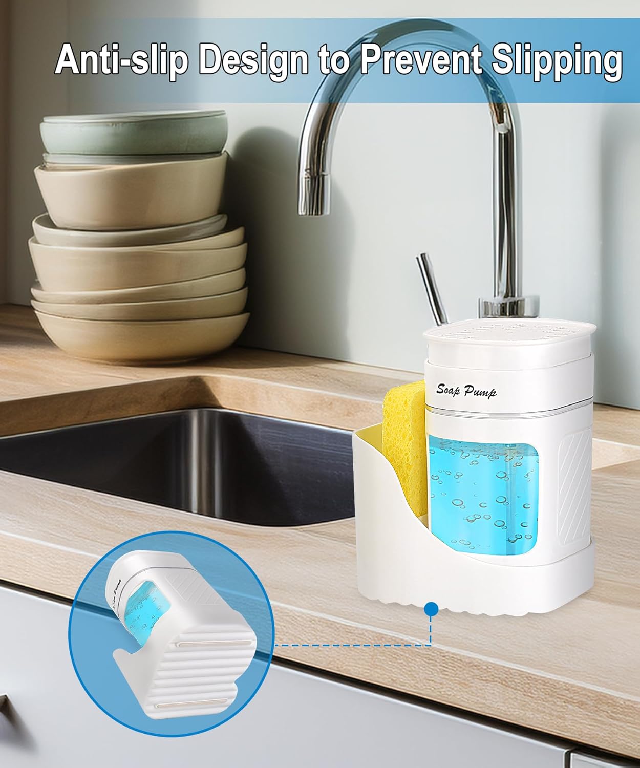Eavida 3-in-1 Dish Soap Dispenser with Sponge Holder - White