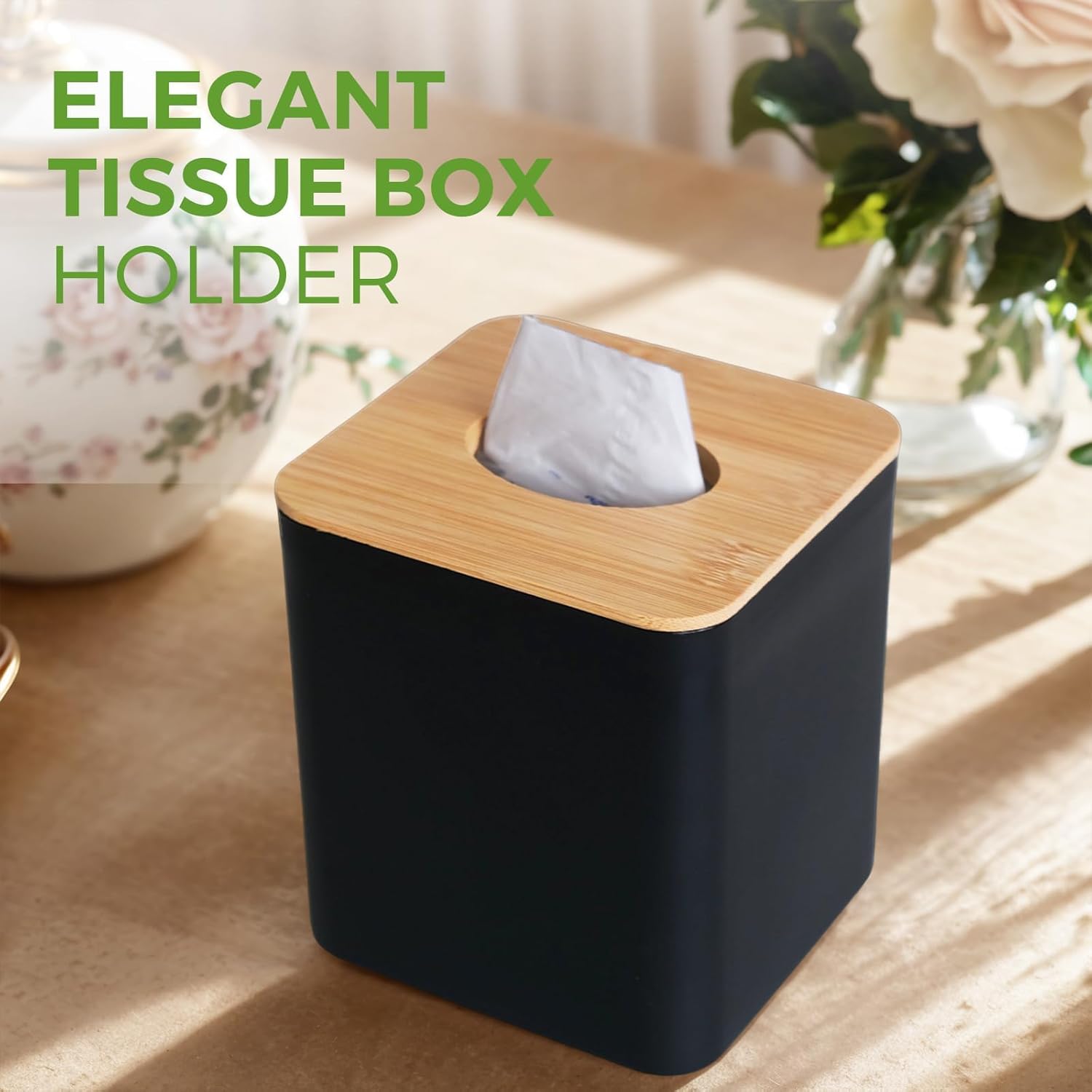 Bamboo Tissue Box Cover for Bathrooms and Desks