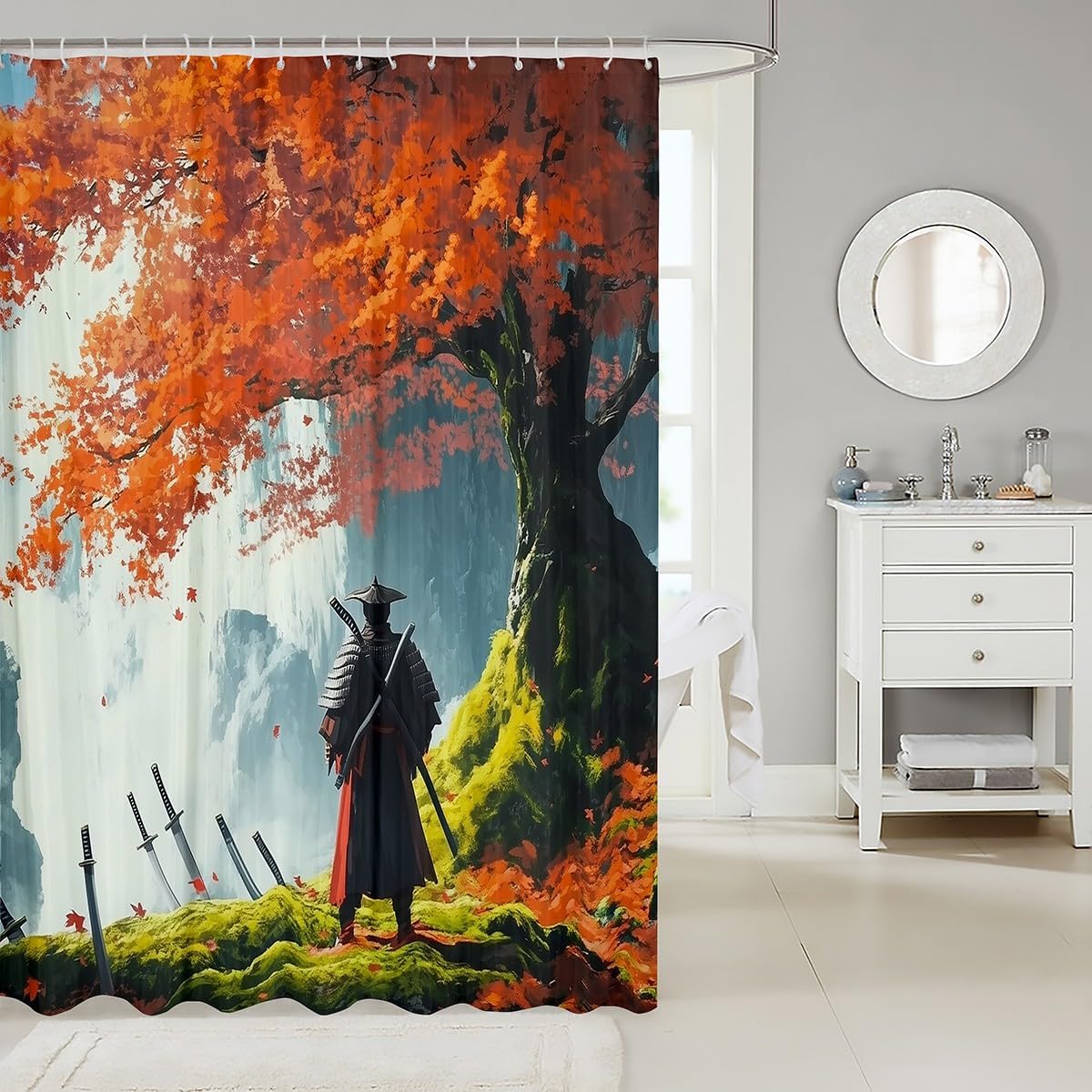 Jejeloiu Japanese Samurai Shower Curtain Set