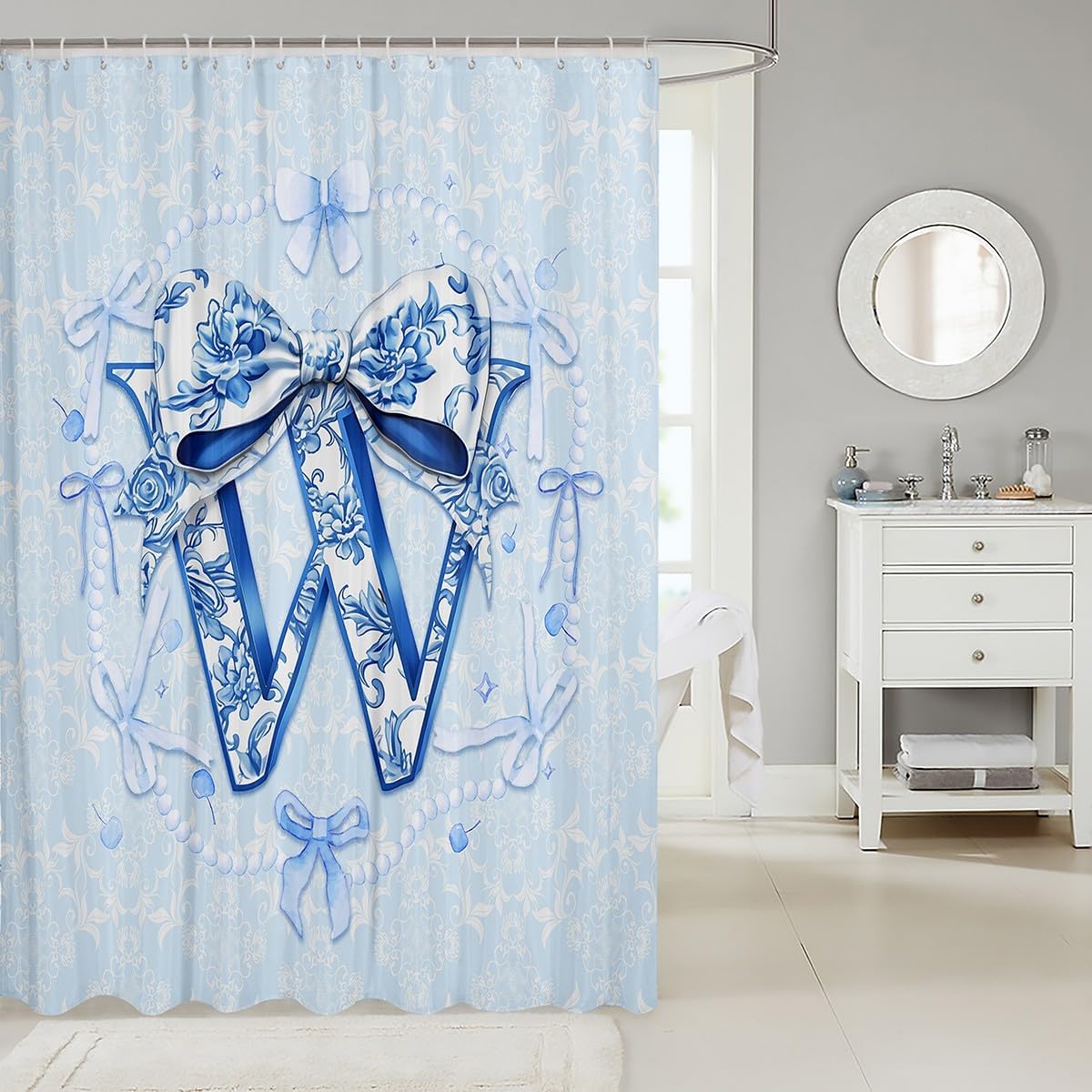 Erosebridal Blue Floral Bow Shower Curtain Set