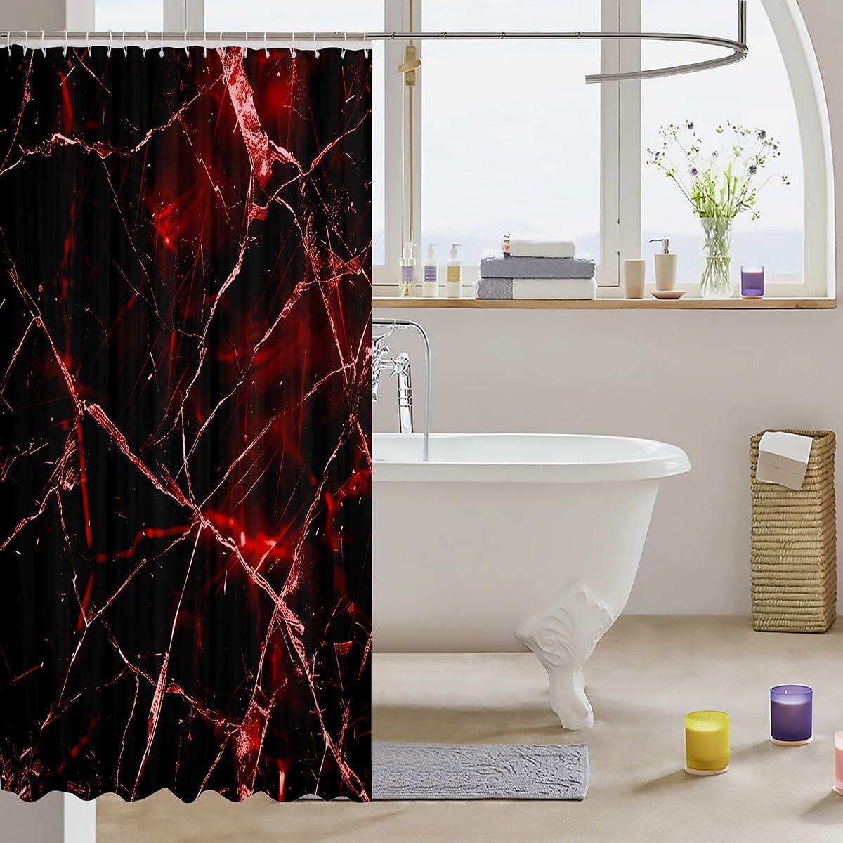 Feelyou Red Black Geometric Shower Curtain Set