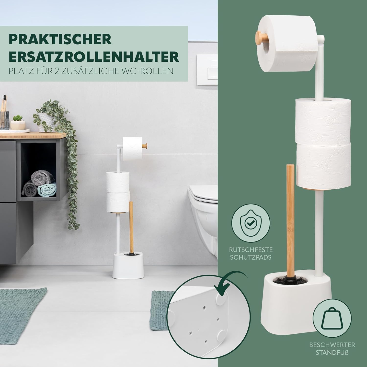 3-in-1 Toilet Brush with Roll Holder and Replacement Heads