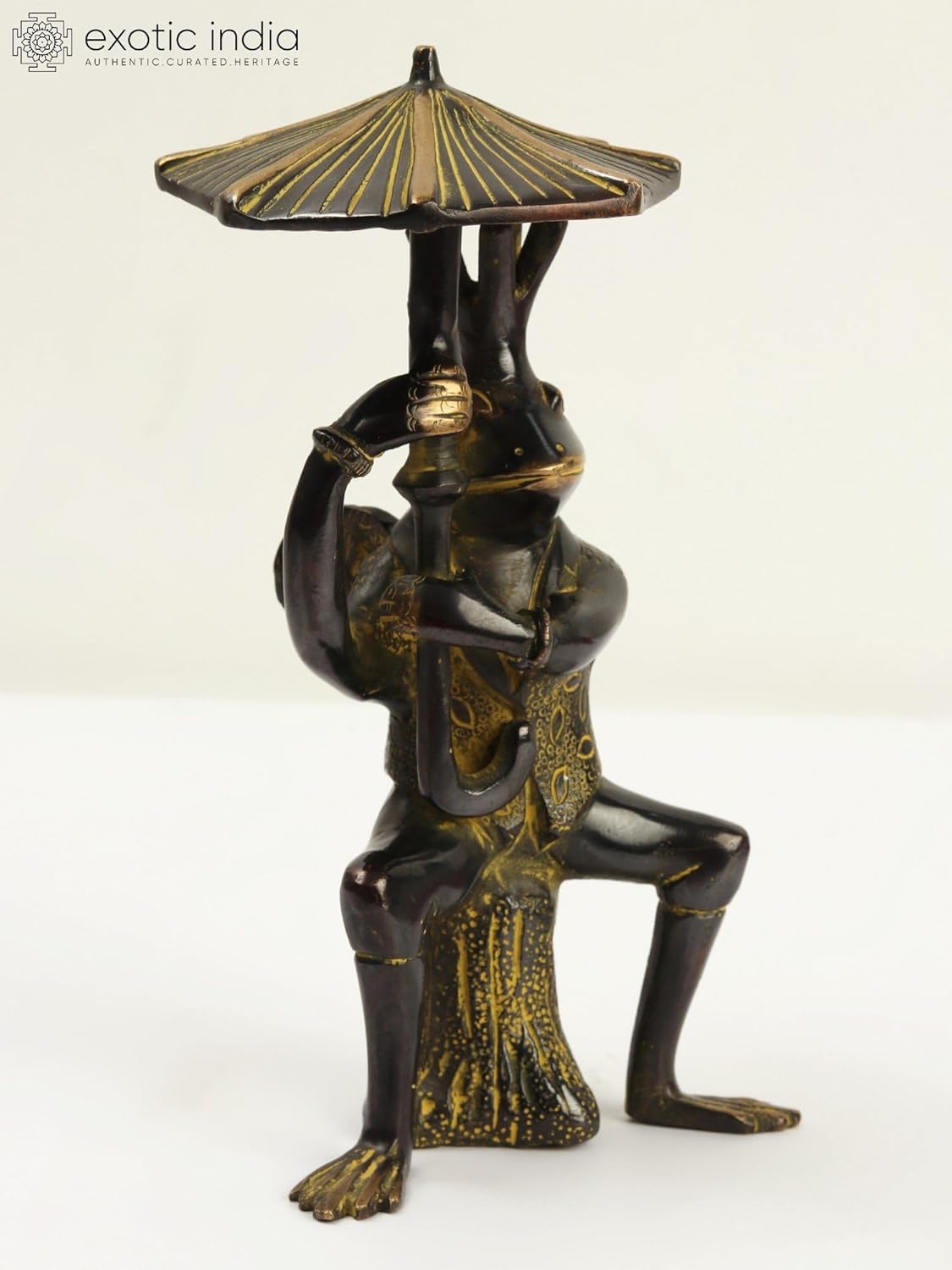 Exotic India Frog Brass Statue with Umbrella 1