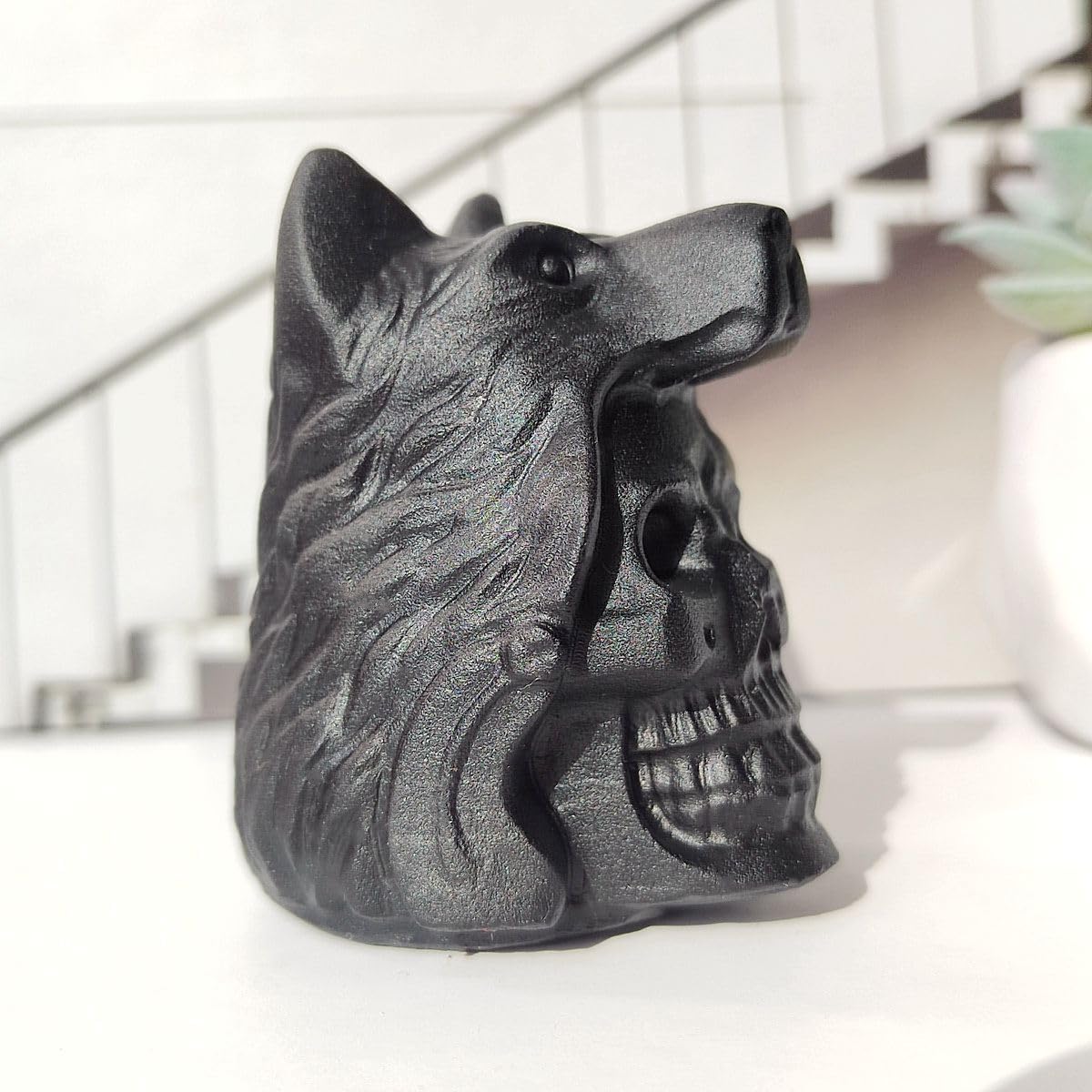 Obsidian Skull Wolf Crystal Figurine Decor Sculpture