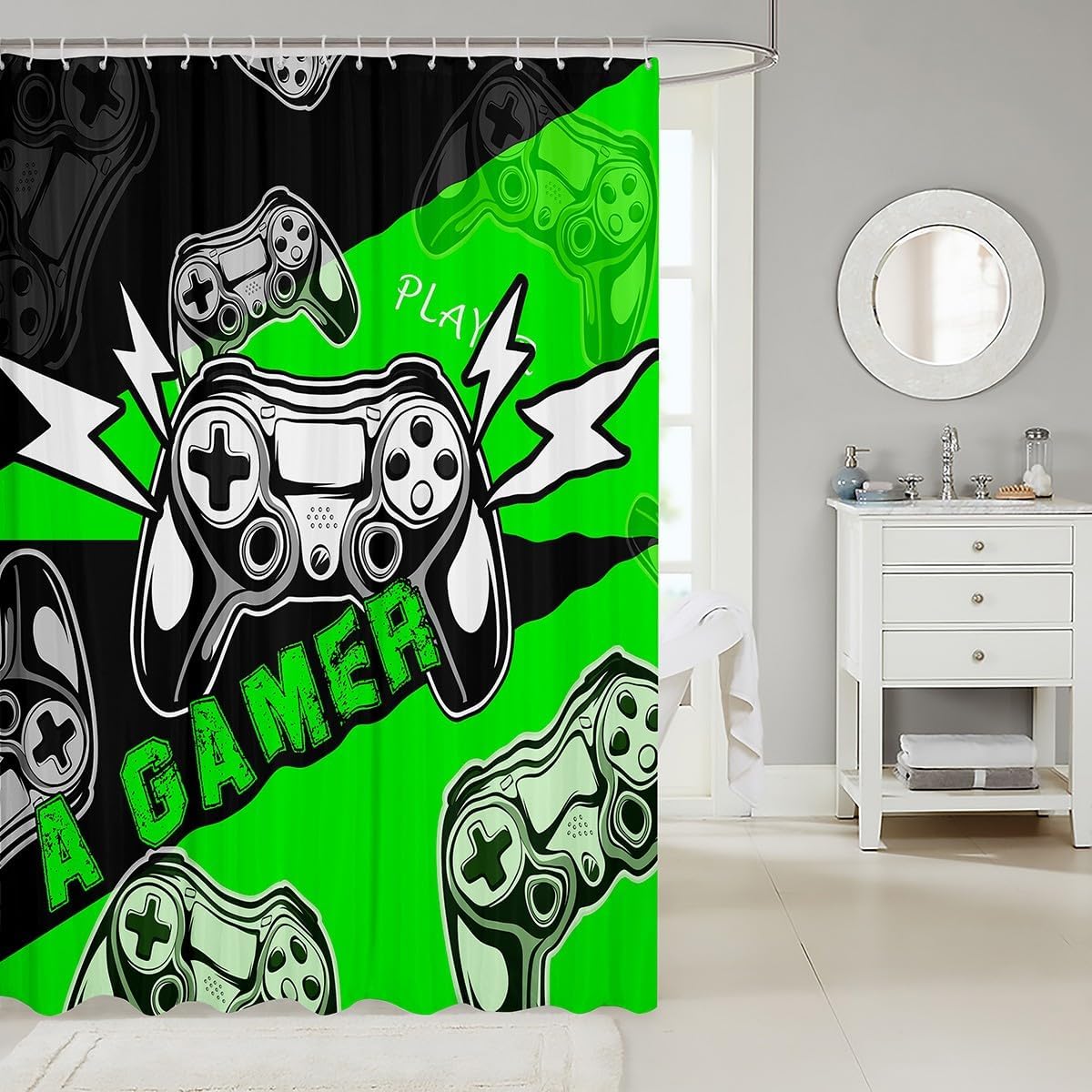 Erosebridal Gamer Shower Curtain Set 72x72 Black Green