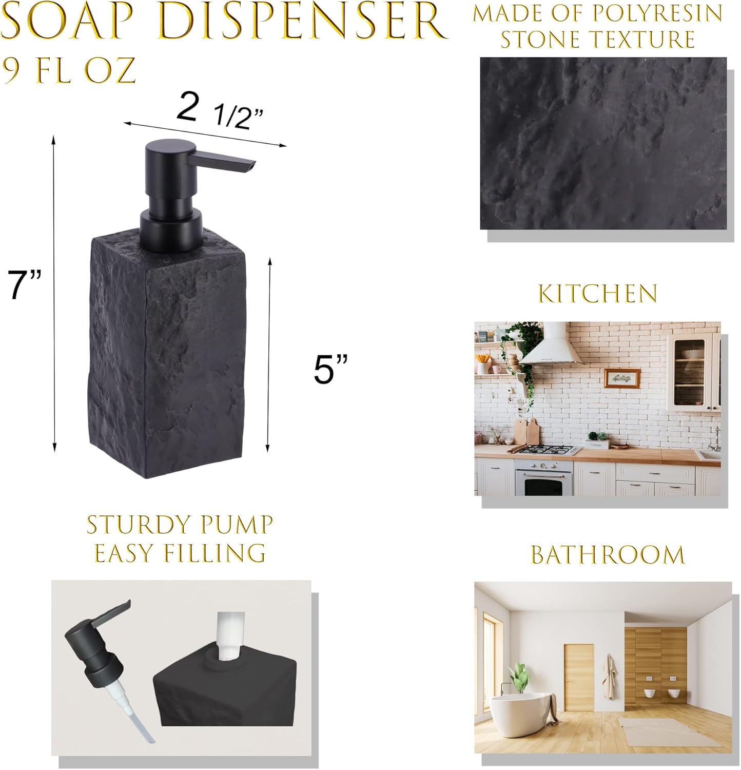 Bath Square Resin Soap Dispenser 9 FL OZ Black