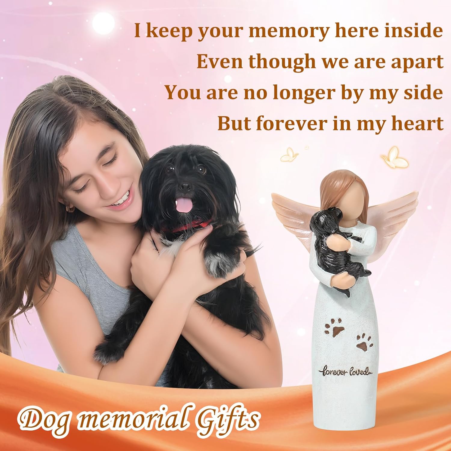 Yuideary Dog Memorial Gift - Angel Girl with Black Dog Figurine