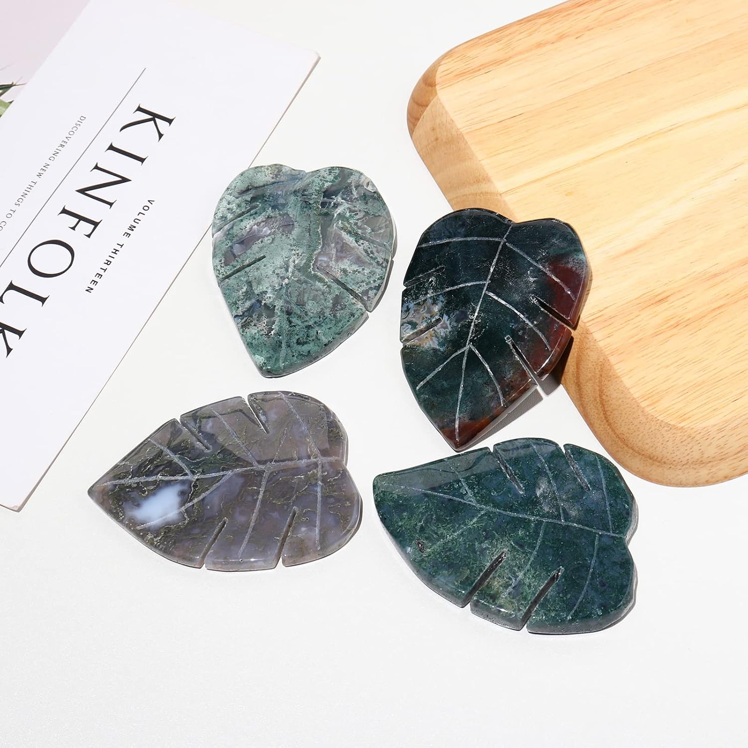 Runyangshi Natural Moss Agate Leaf Sculpture Decoration