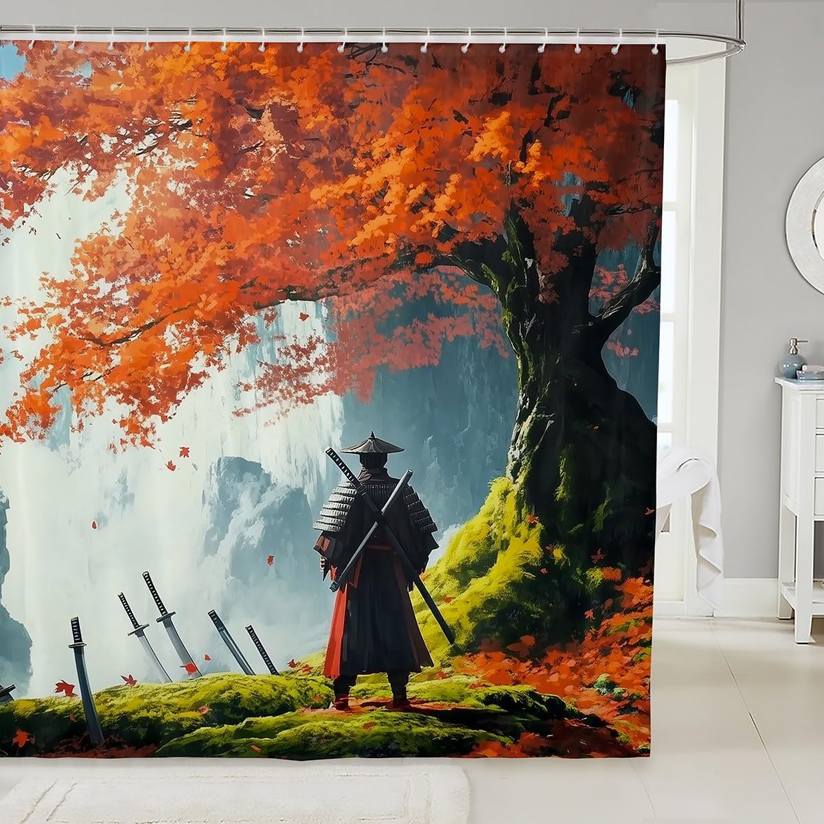 Jejeloiu Japanese Samurai Shower Curtain Set