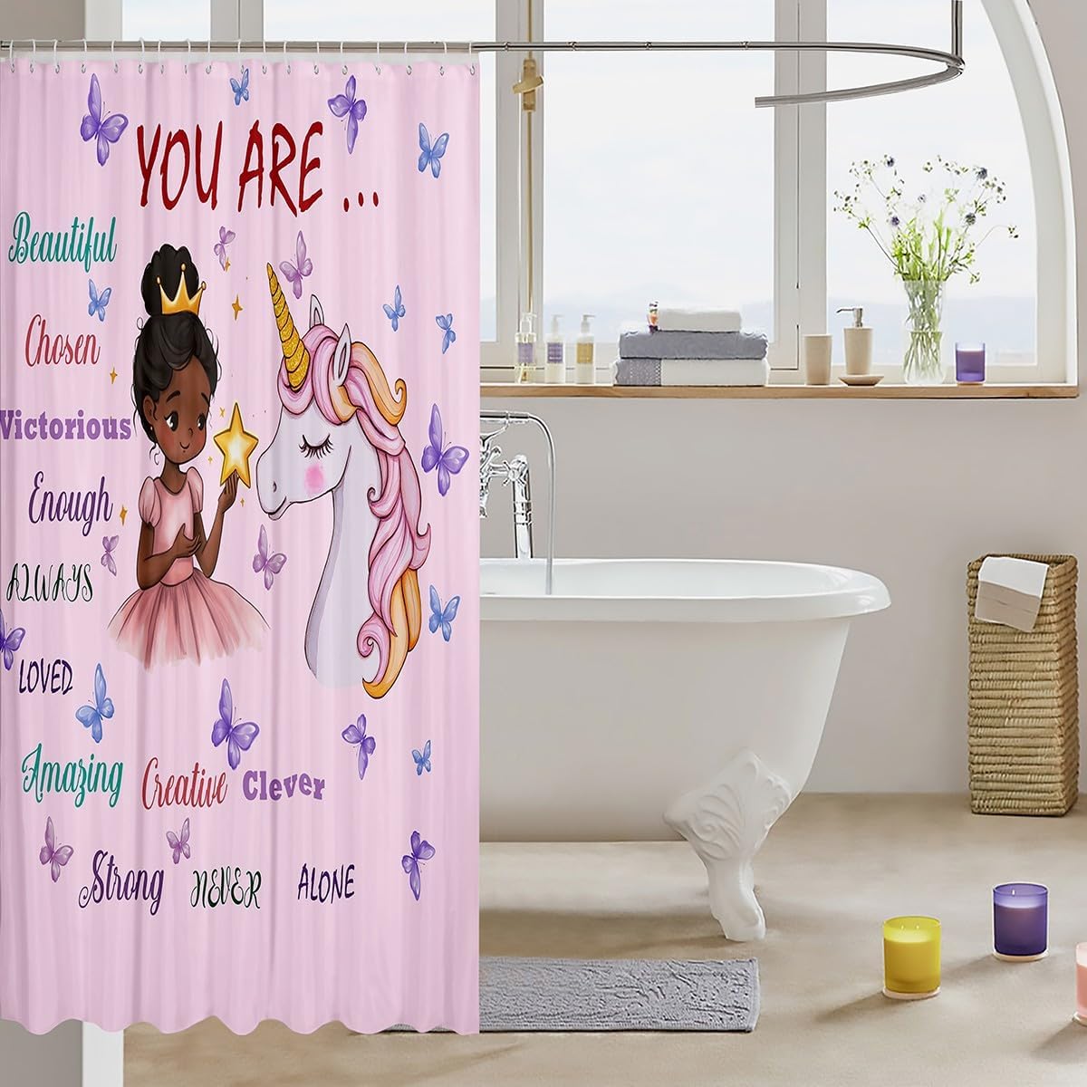 Erosebridal Black Girl Unicorn Shower Curtain Set