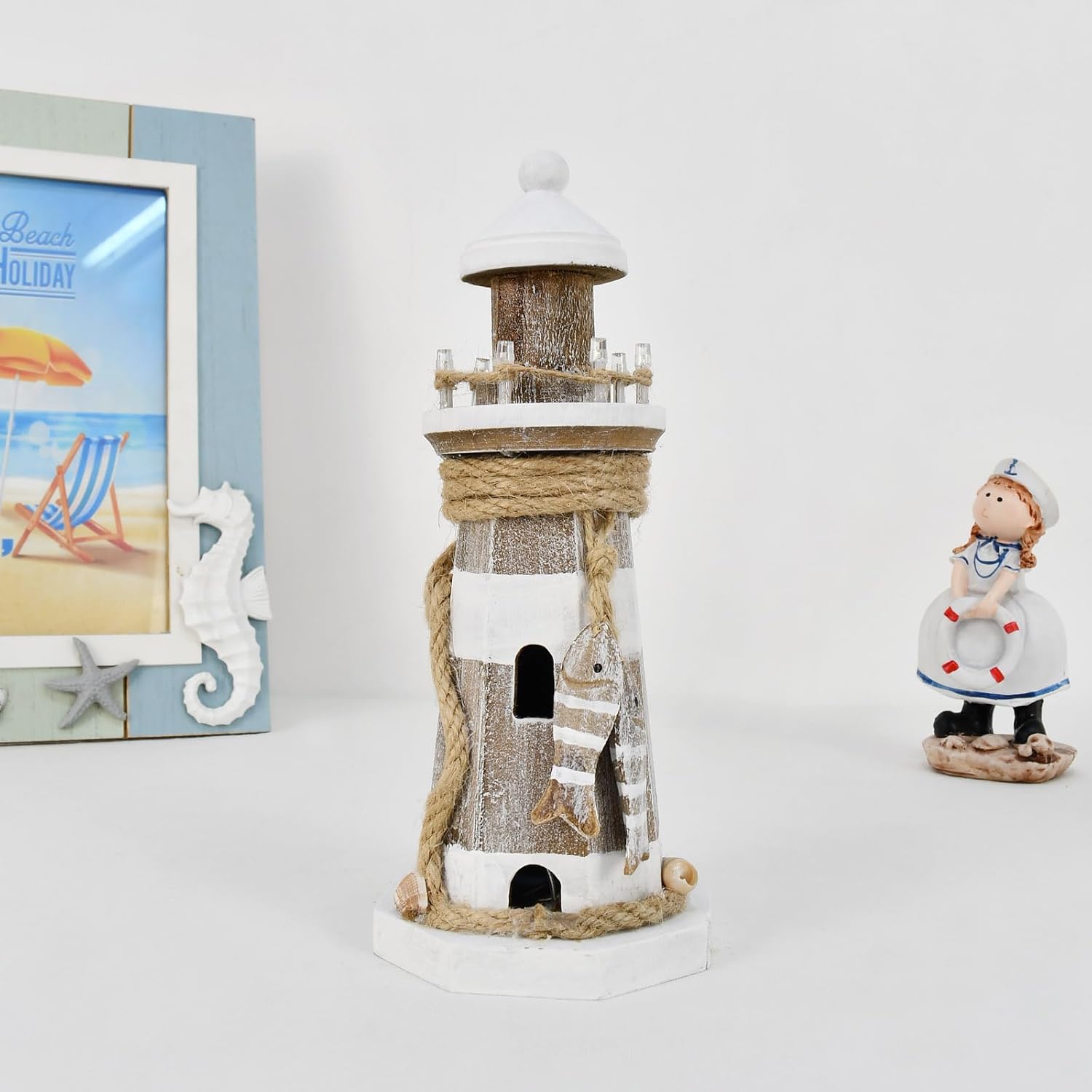 Wovorins Wooden Lighthouse with Lights 9 Inch