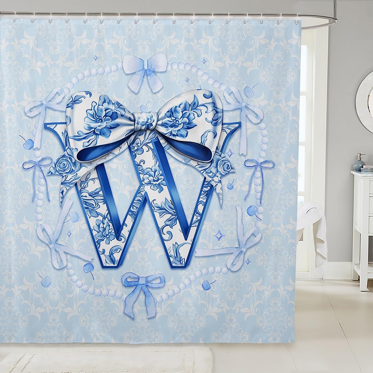 Erosebridal Blue Floral Bow Shower Curtain Set