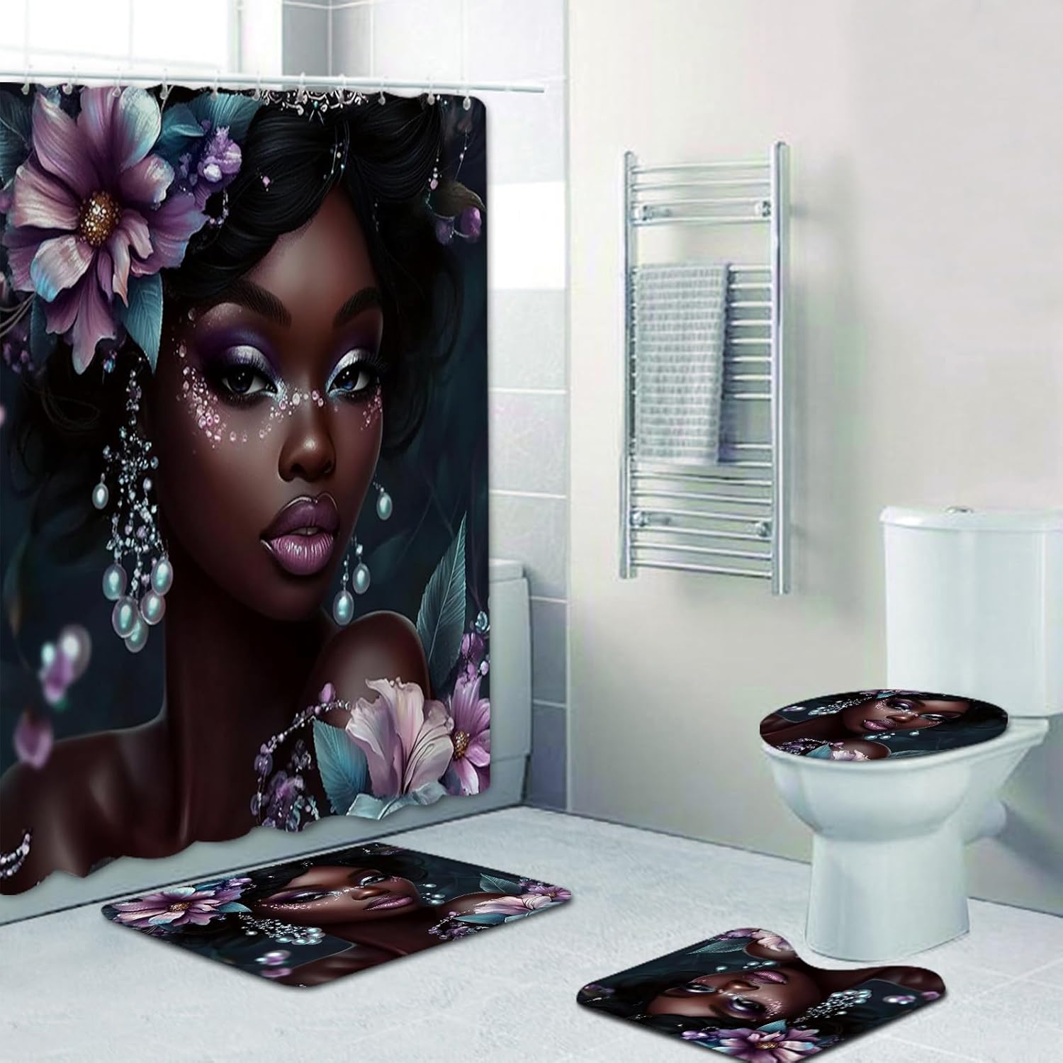 NEWSUYAA Black Girl Shower Curtain Set with Bath Rugs and Hooks