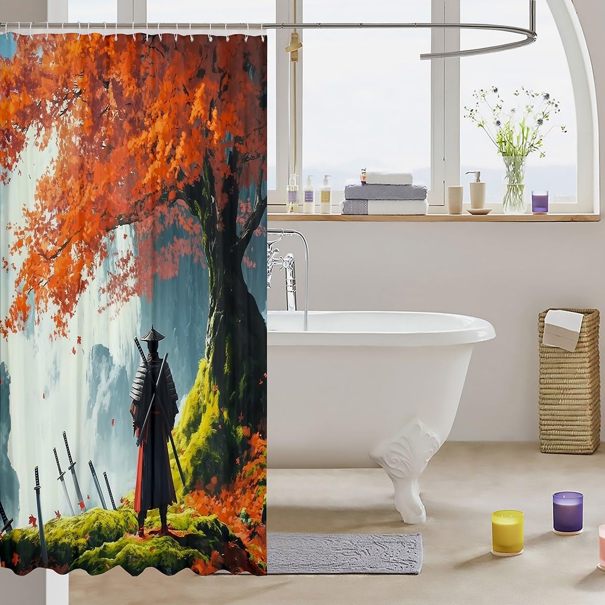 Jejeloiu Japanese Samurai Shower Curtain Set