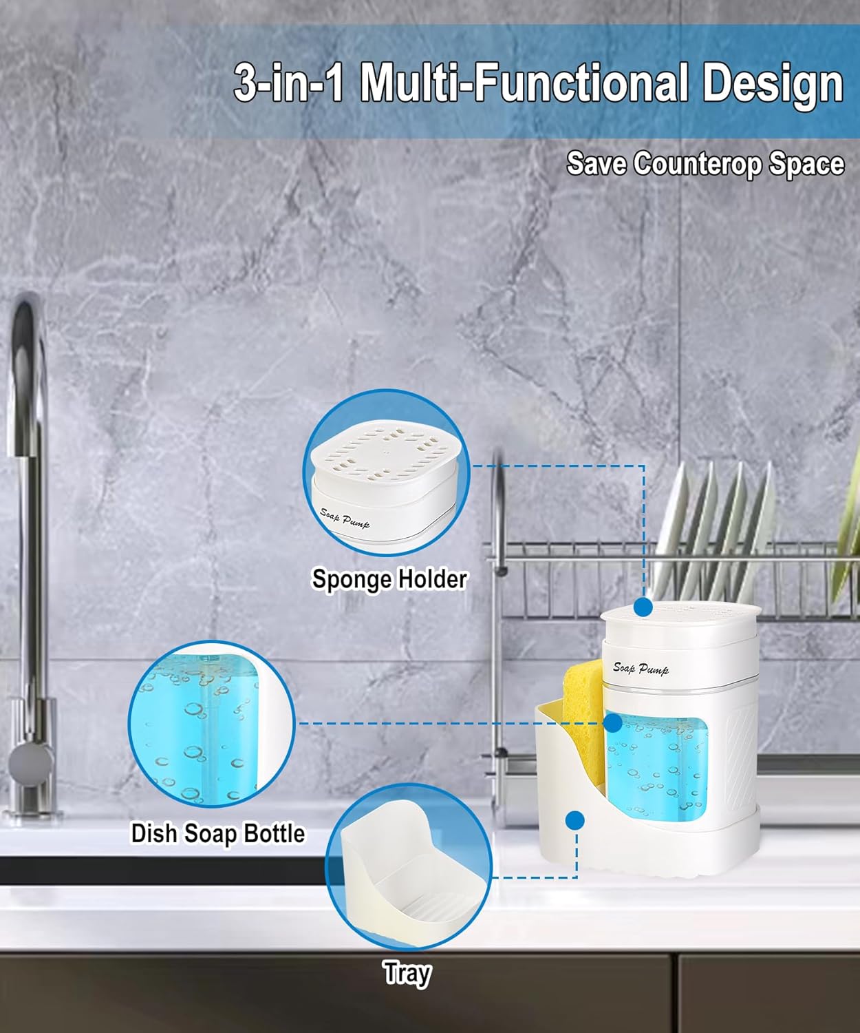 Eavida 3-in-1 Dish Soap Dispenser with Sponge Holder - White