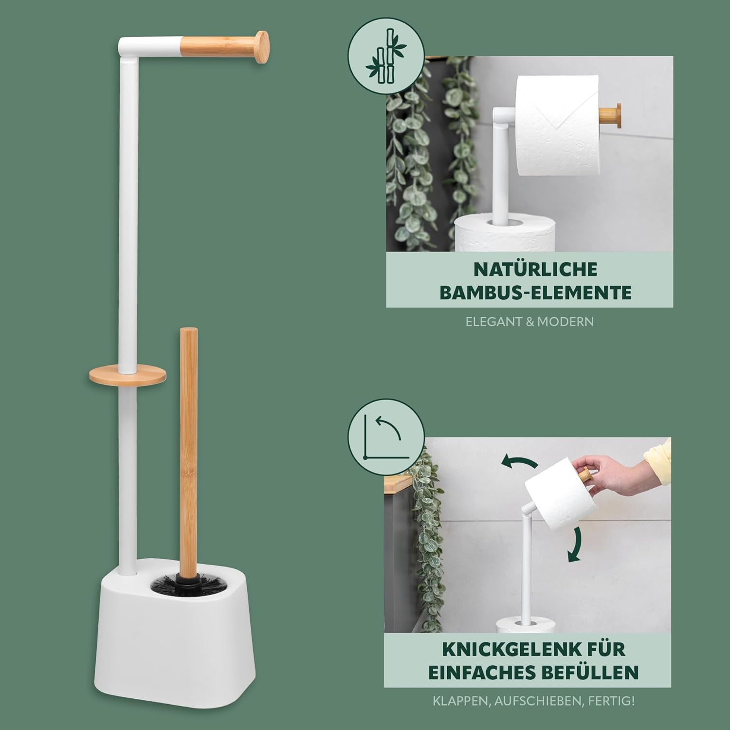 3-in-1 Toilet Brush with Roll Holder and Replacement Heads