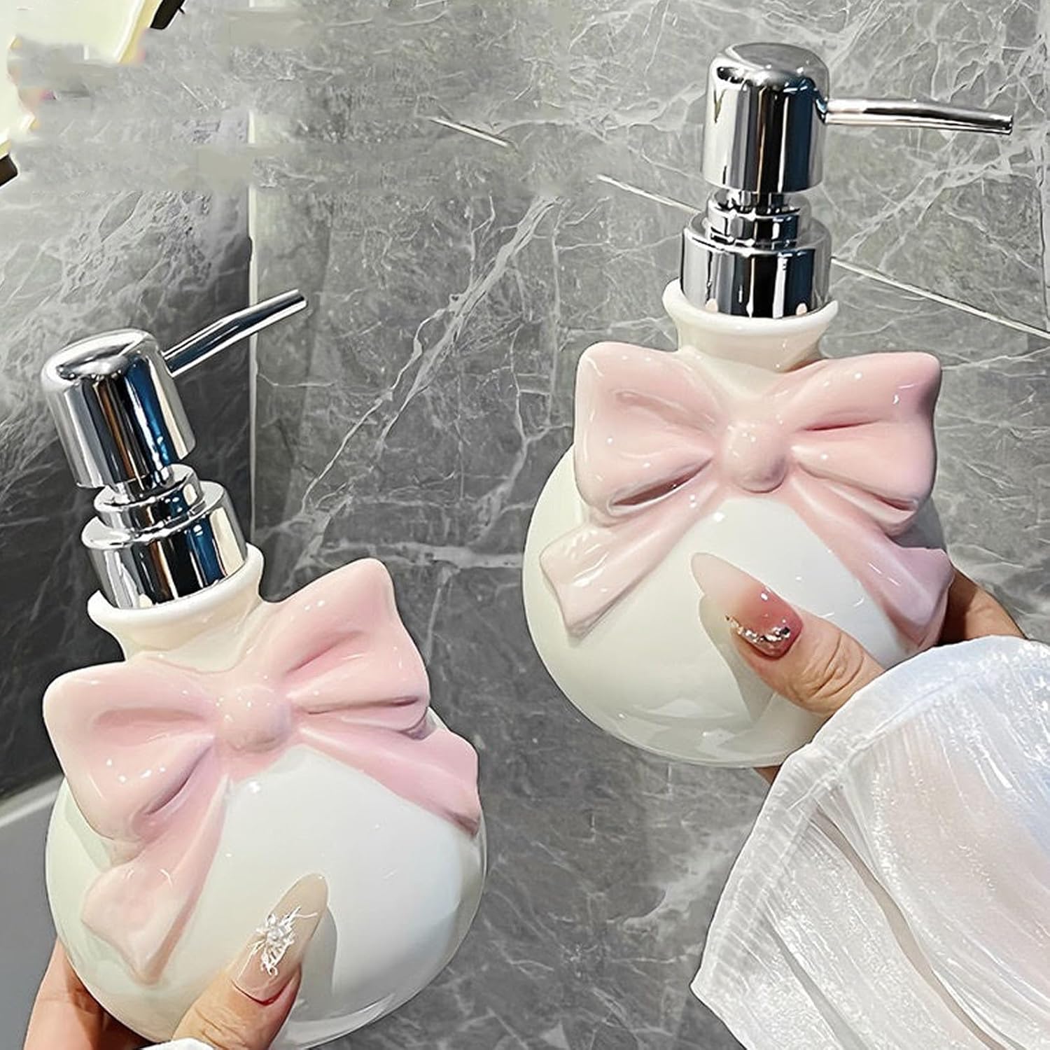 Ceramic Soap Dispenser with Bow 12oz Refillable for Kitchen and Bathroom