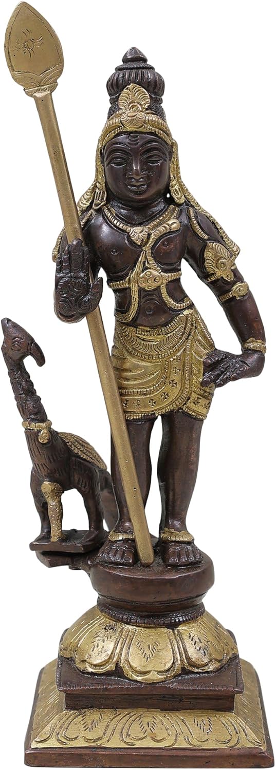 10 Inch Lord Karttikeya Brass Statue with Peacock 1