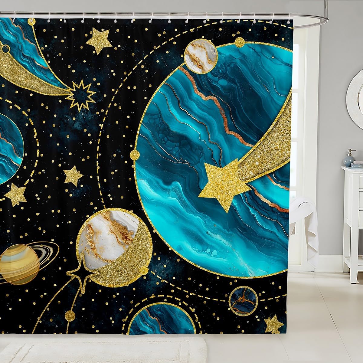 Erosebridal Chic Blue Marble Shower Curtain Set