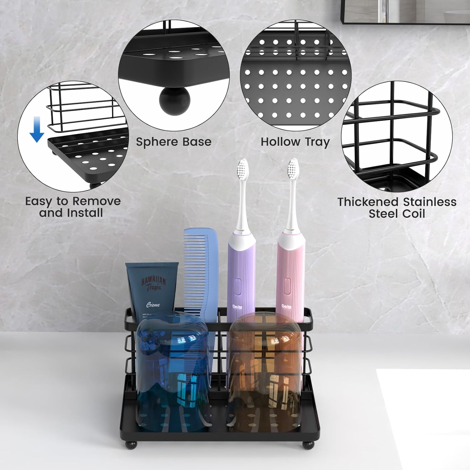 Luxspire 3-Slot Toothbrush Holder Black Stainless Steel