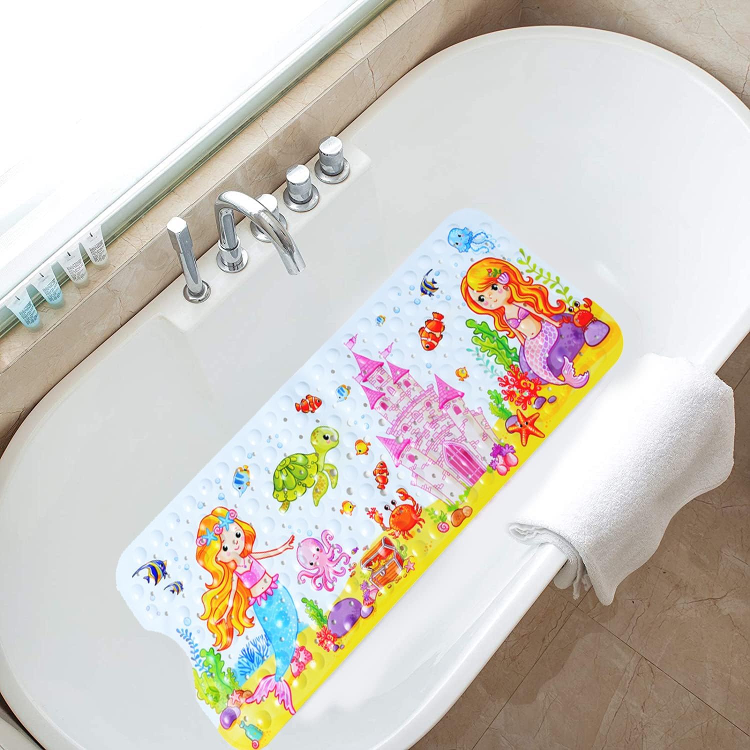 Non-Slip Bath Mat with Suction Cups Mermaid Design 40x16 Inch